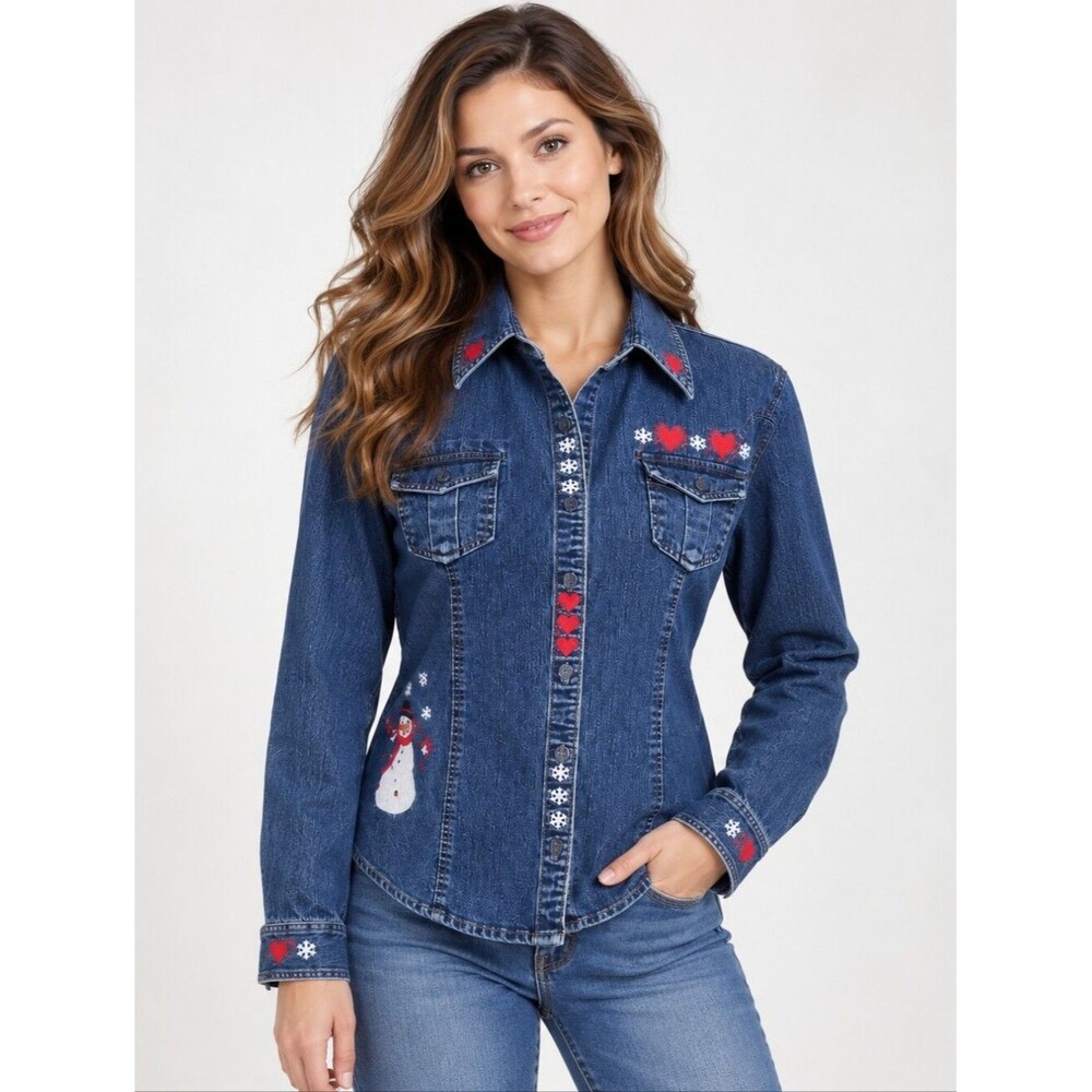 Vintage EUC Riders women's embroidered snowman love denim jean jacket, L, blue